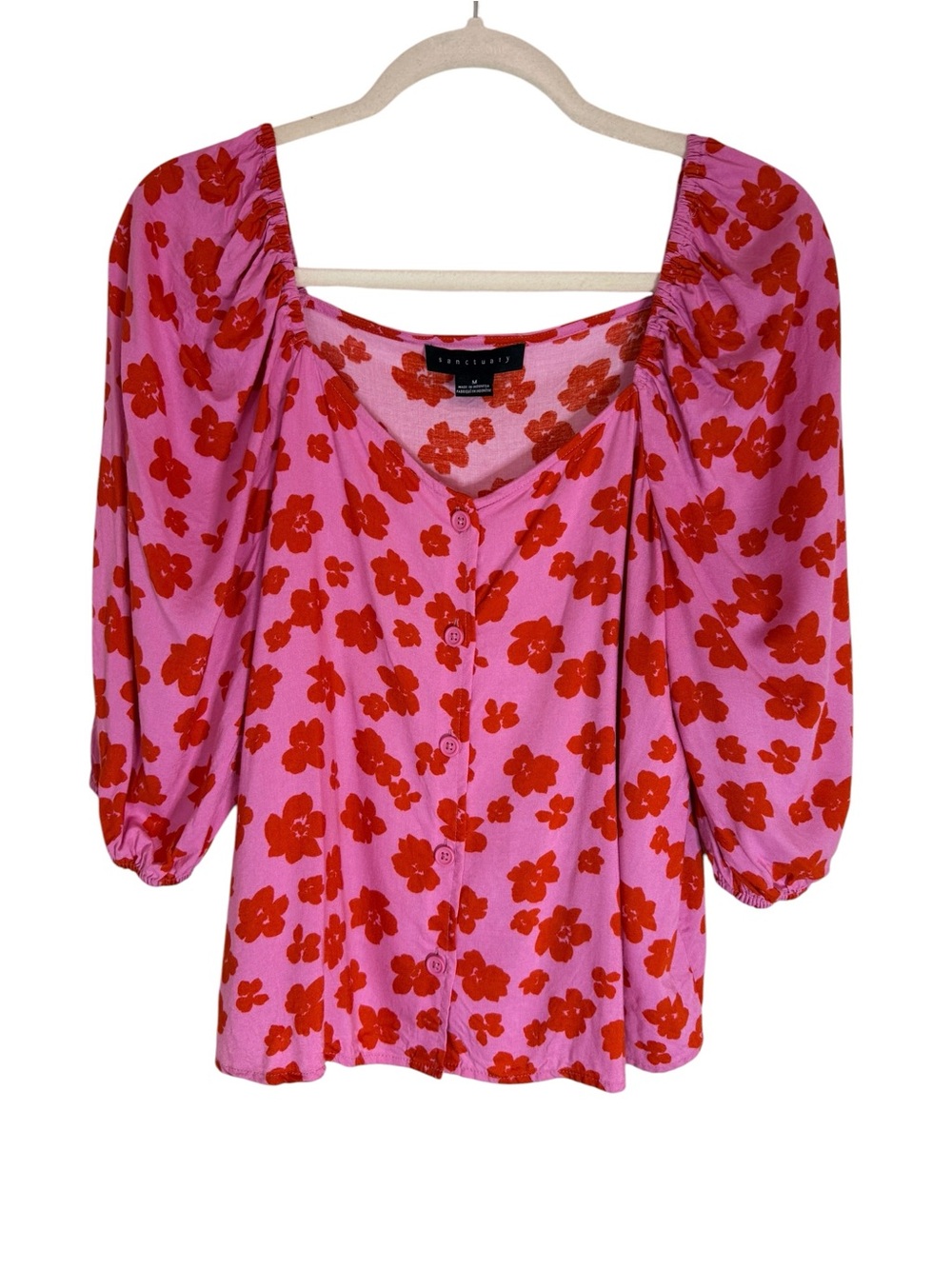 Sanctuary Pink Red Floral Button Front Puff Sleeve Blouse Medium - Picture 2 of 8